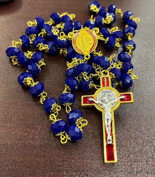 St. Benedict Rosary with stunning Blue Crystals, Red and Gold Crucifix and Center