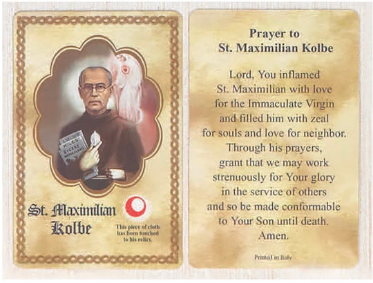 St. Maximilian Kolbe Relic Prayer Card β A Testament of Sacrificial Love
