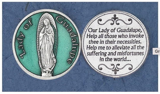 Green Enameled Our Lady of Guadalupe Italian Pocket Coin โ Patroness of the Americas