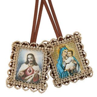 Gold Scallop Border Brown Scapular β Sacred Heart of Jesus & Our Lady of Mount Carmel