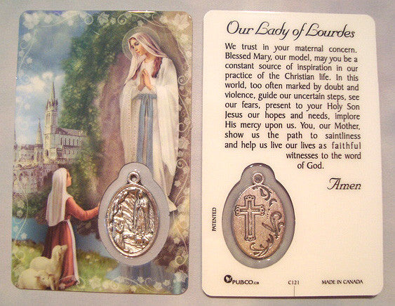 Our Lady of Lourdes Prayer Card with Silver Medal