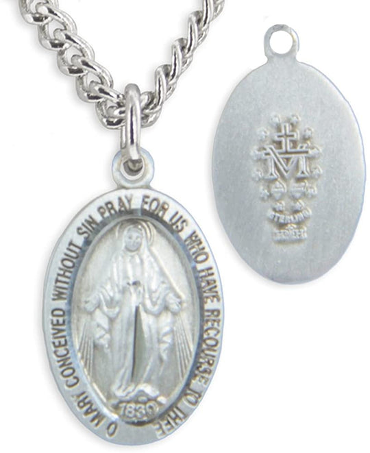 Miraculous Medal Silver Plated Charm Pendant with 13" Silver Tone Chain (For Kids)