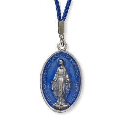 Blessed Mother Miraculous Medal with Deep Blue Background and Matching Cord β A Beautiful Symbol of Devotion