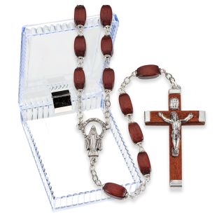 Maroon Wood Bead Rosary with Deluxe Center and Wood & Metal Crucifix