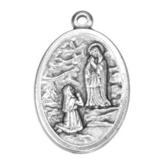 1" Oval Antiqued Silver Oxidized St. Bernadette and Our Lady of Lourdes Medal