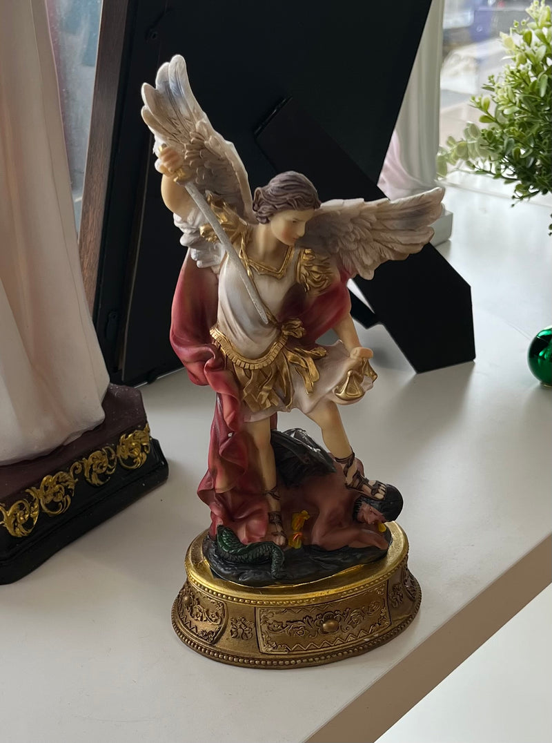 St. Michael Desktop Statue with Hidden Drawer for Prayer Intentions - 10 inches tall