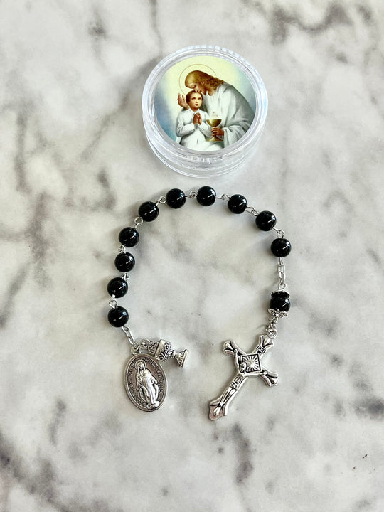 First Communion Black Bead One Decade Rosary for Boy