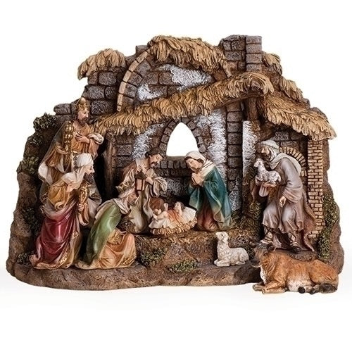 10 piece Nativity Scene with Stone Background - 11 inches tall