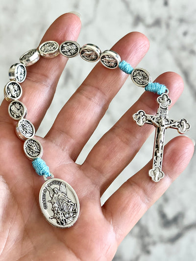 Guardian Angel Michael One Decade Small Medal Rosary with Light Blue Cord