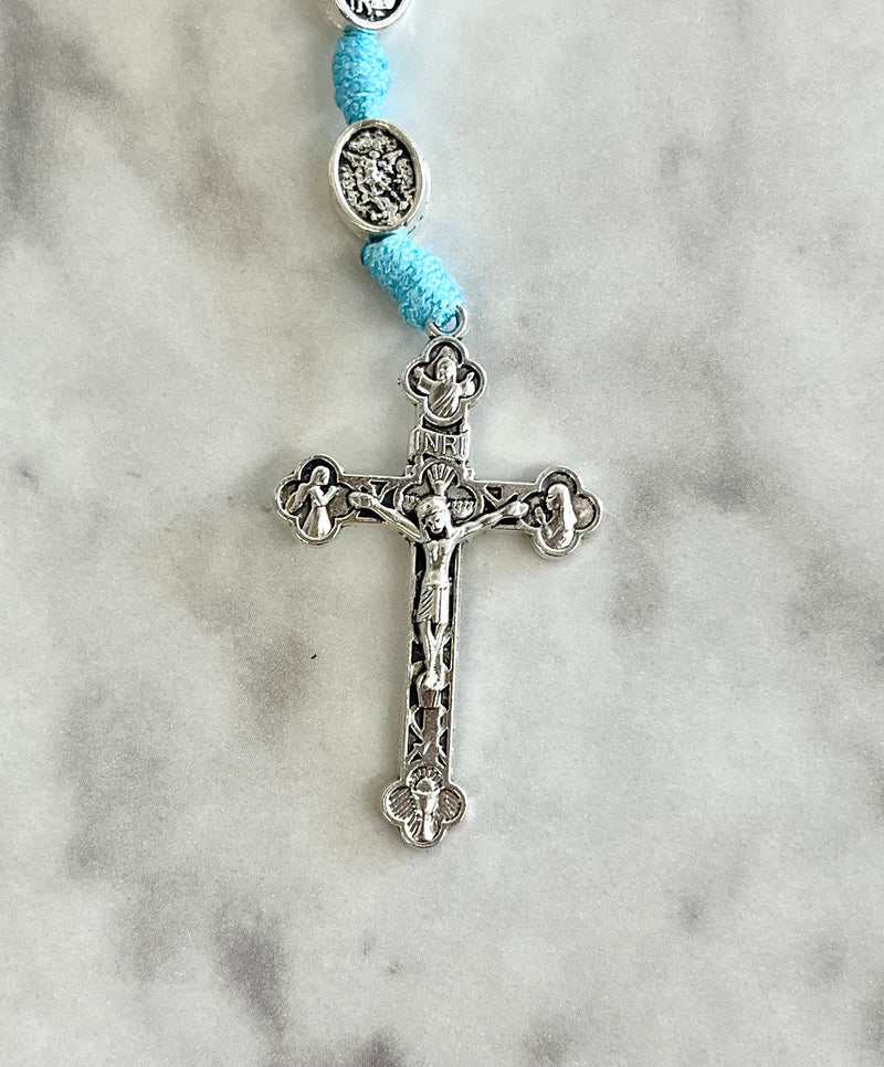 Guardian Angel Michael One Decade Small Medal Rosary with Light Blue Cord