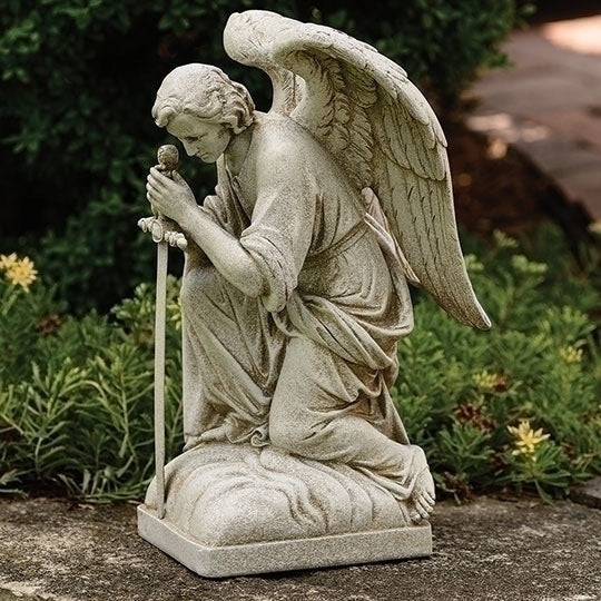 13.25" Stone-Colored Kneeling Angel Statue – A Majestic Outdoor Accent