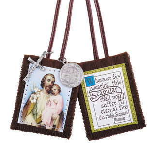 Classic Brown Wool Scapular with St. Joseph Image and St. Benedict Medal