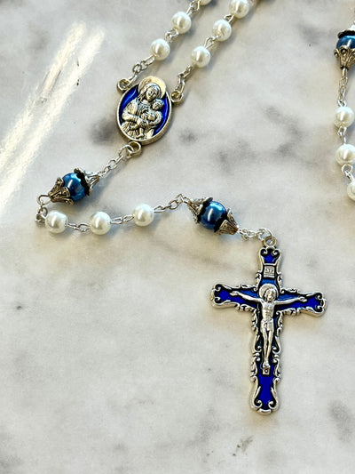 White with Blue 'Pearl' Madonna and Child Acrylic Rosary