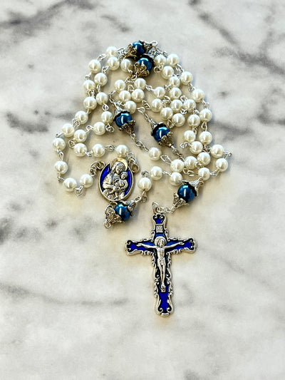 White with Blue 'Pearl' Madonna and Child Acrylic Rosary