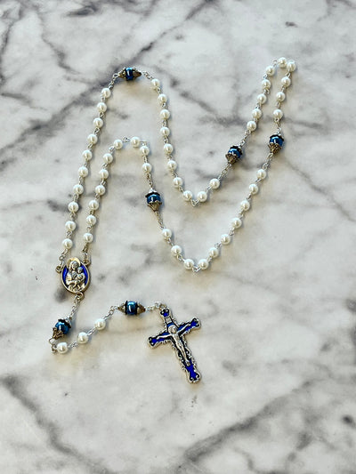 White with Blue 'Pearl' Madonna and Child Acrylic Rosary