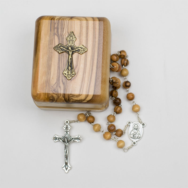 Classic Olive Wood Bead Rosary with Crucifix and Rosary Box – Made in Bethlehem