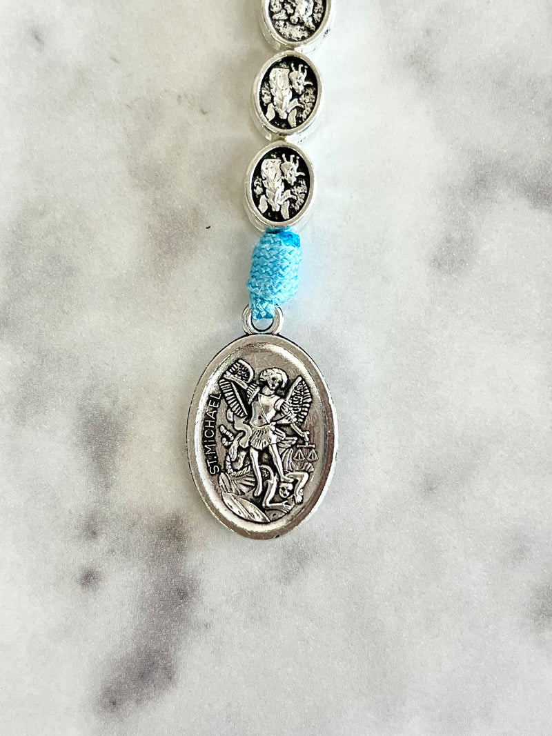 Guardian Angel Michael One Decade Small Medal Rosary with Light Blue Cord