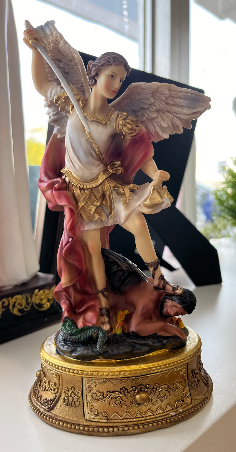 St. Michael Desktop Statue with Hidden Drawer for Prayer Intentions - 10 inches tall