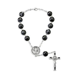 St. Benedict Black Glass Bead Auto Rosary