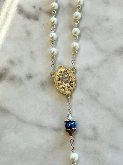 White with Blue 'Pearl' Madonna and Child Acrylic Rosary