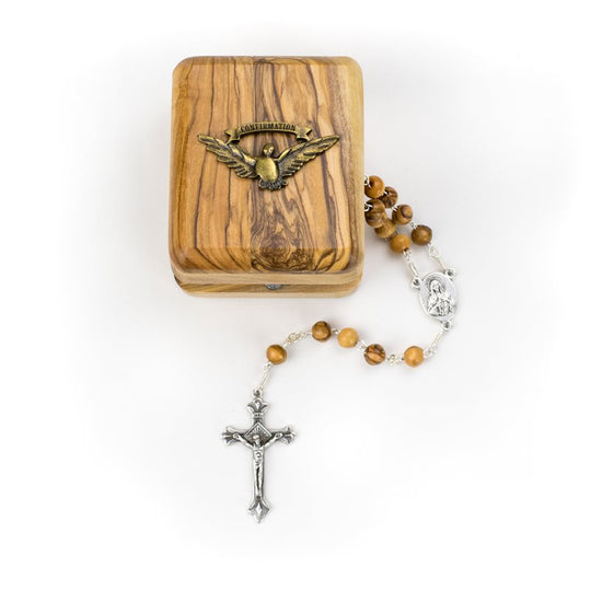 Confirmation Rosary Box with Rosary Made of Olivewood