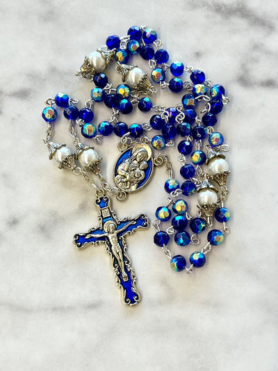 Blue Iridescent 'Sapphire Crystal' with 'Pearl' Madonna and Child Acrylic Rosary