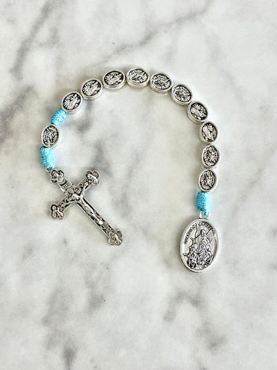 Guardian Angel Michael One Decade Small Medal Rosary with Light Blue Cord