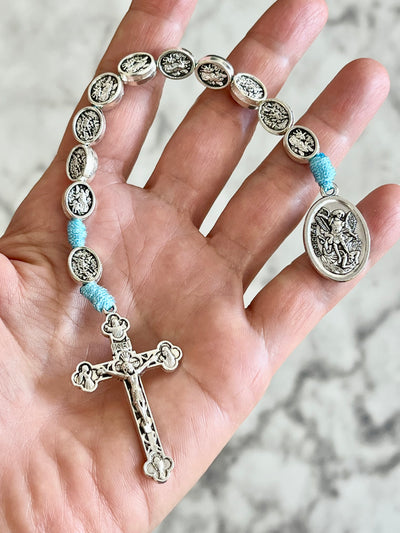 Guardian Angel Michael One Decade Small Medal Rosary with Light Blue Cord