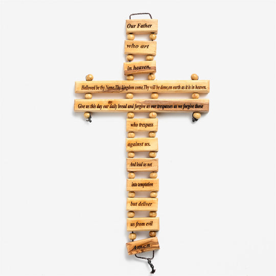 Olive Wood Ladder Cross with The Lord's Prayer in English – 9.5 Inches