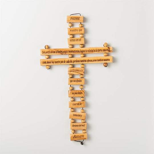 Cruz Escalonada con El Padrenuestro en Español Hecho de madera de olivo de Tierra Santa