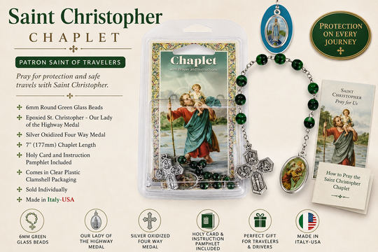 Saint Christopher Chaplet – Green Glass Beads with Our Lady of the Highway Medal