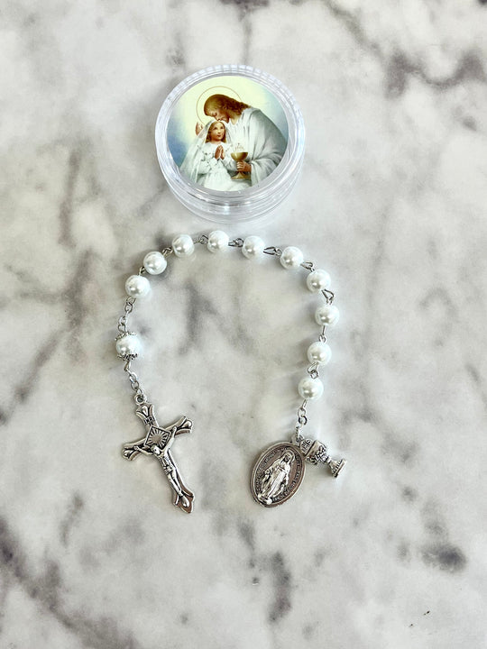 First Communion White Bead One Decade Rosary for Girl