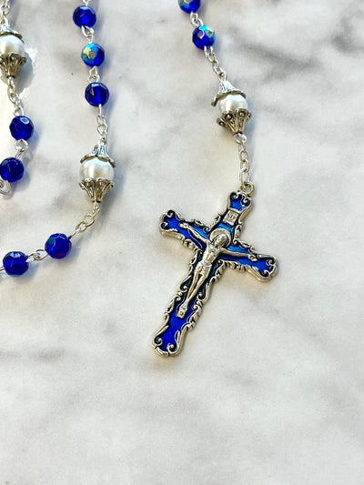 Blue Iridescent 'Sapphire Crystal' with 'Pearl' Madonna and Child Acrylic Rosary