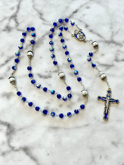 Blue Iridescent 'Sapphire Crystal' with 'Pearl' Madonna and Child Acrylic Rosary