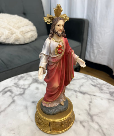 Sacred Heart of Jesus Desktop Statue with Hidden Drawer for Prayer Intentions - 9 inches tall