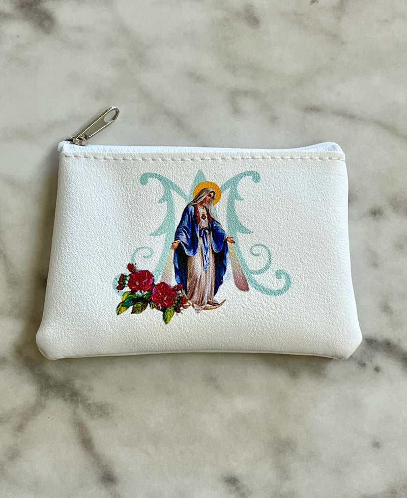 White Rosary Zipper Pouch with Our Lady of Grace