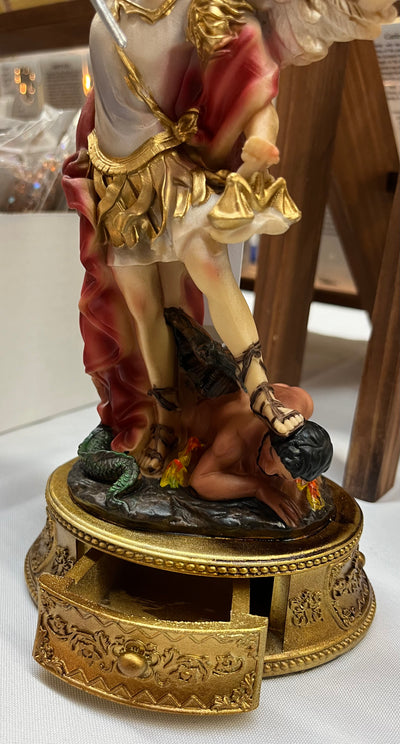 St. Michael Desktop Statue with Hidden Drawer for Prayer Intentions - 10 inches tall