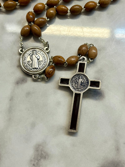 St. Benedict Olive Wood and Brown Enamel Rosary