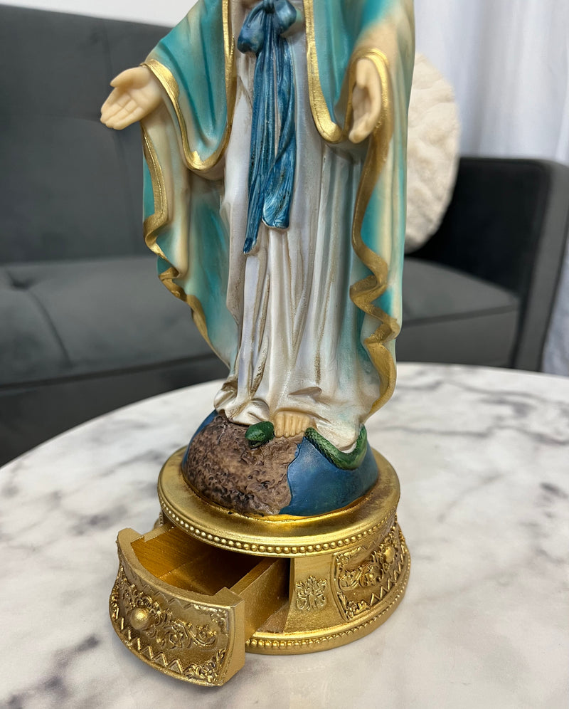 Our Lady of Grace Desktop Statue with Hidden Drawer for Prayer Intentions - 9 and 1/2 inches tall