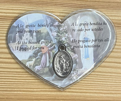 Heart-Shaped Lourdes Prayer Card with Medal – A Loving Token of Faith from Lourdes, France