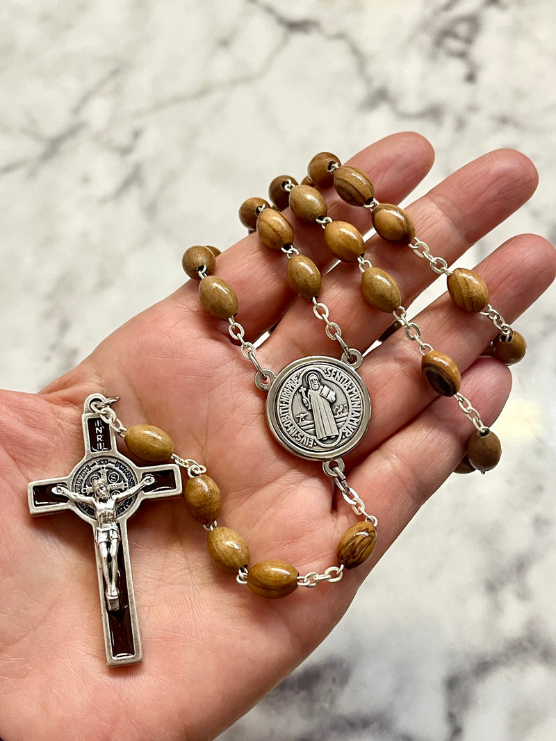 St. Benedict Olive Wood and Brown Enamel Rosary