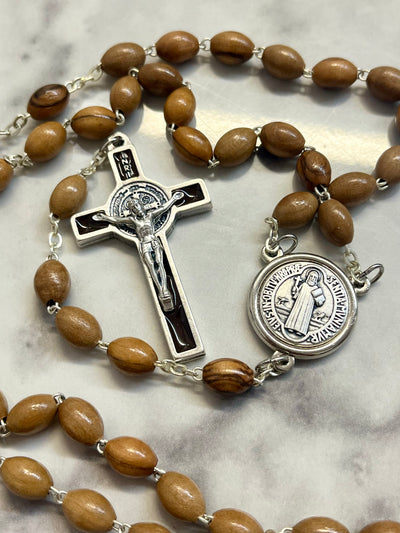 St. Benedict Olive Wood and Brown Enamel Rosary