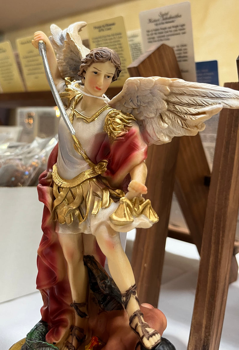 St. Michael Desktop Statue with Hidden Drawer for Prayer Intentions - 10 inches tall