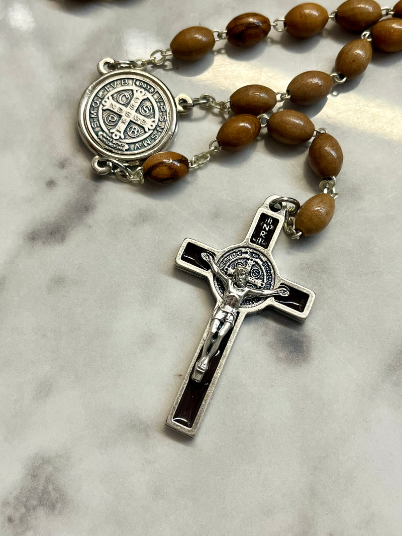 St. Benedict Olive Wood and Brown Enamel Rosary