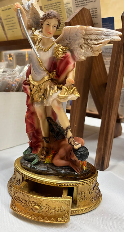 St. Michael Desktop Statue with Hidden Drawer for Prayer Intentions - 10 inches tall