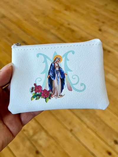 White Rosary Zipper Pouch with Our Lady of Grace