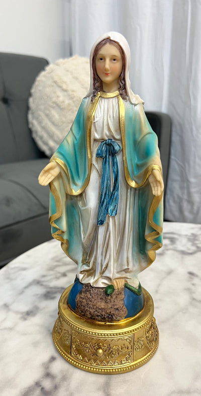 Our Lady of Grace Desktop Statue with Hidden Drawer for Prayer Intentions - 9 and 1/2 inches tall