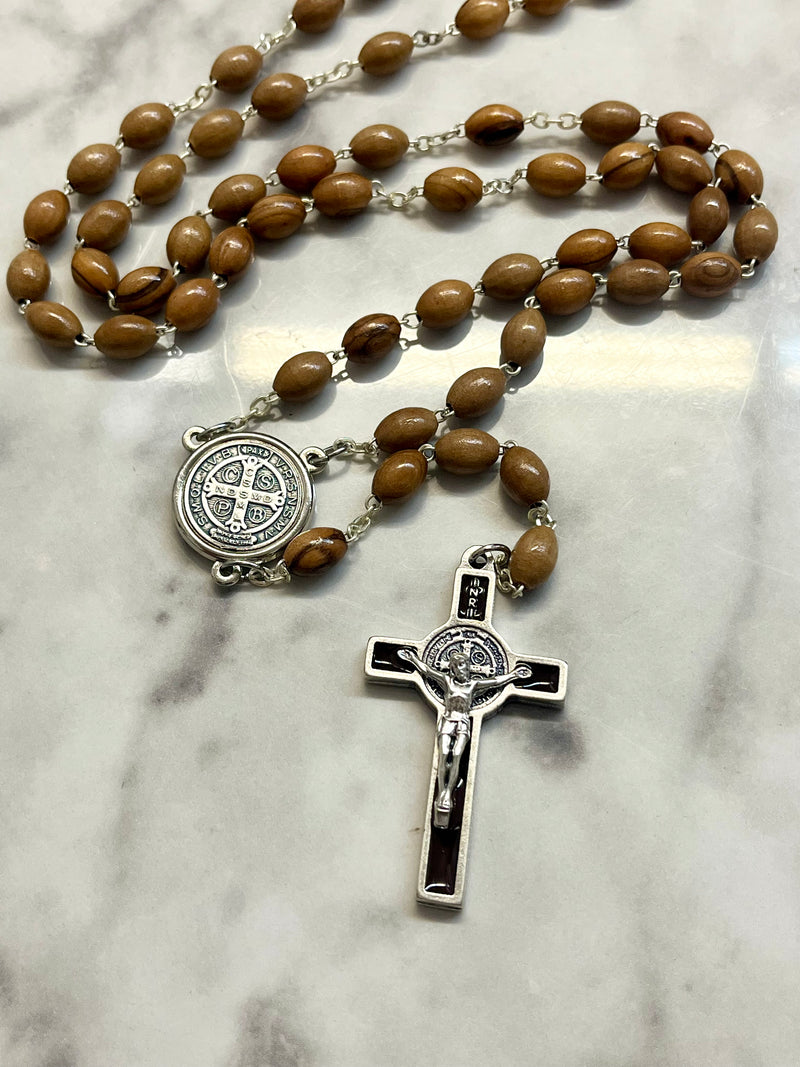 St. Benedict Olive Wood and Brown Enamel Rosary