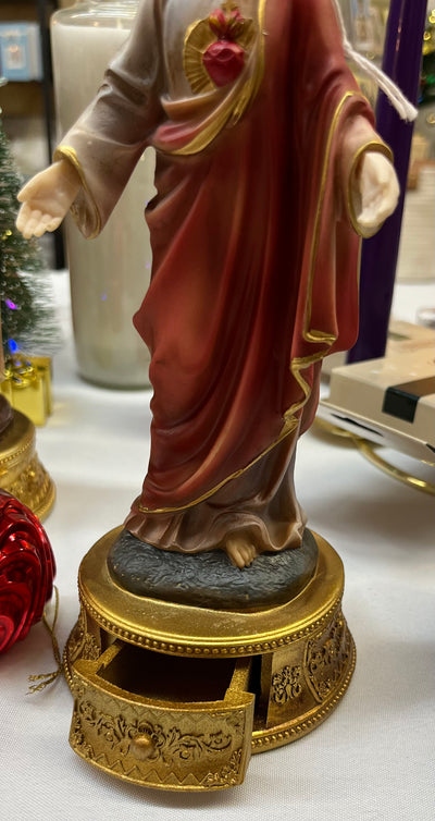 Sacred Heart of Jesus Desktop Statue with Hidden Drawer for Prayer Intentions - 9 inches tall