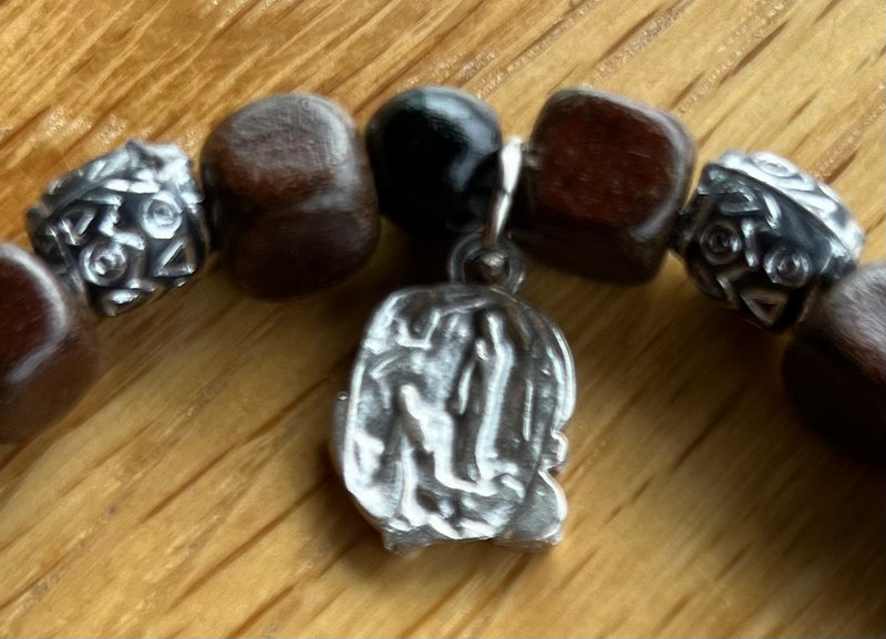Lourdes Bracelet - Brown Wooden Bracelet with Metal Emblem of Our Lady of Lourdes